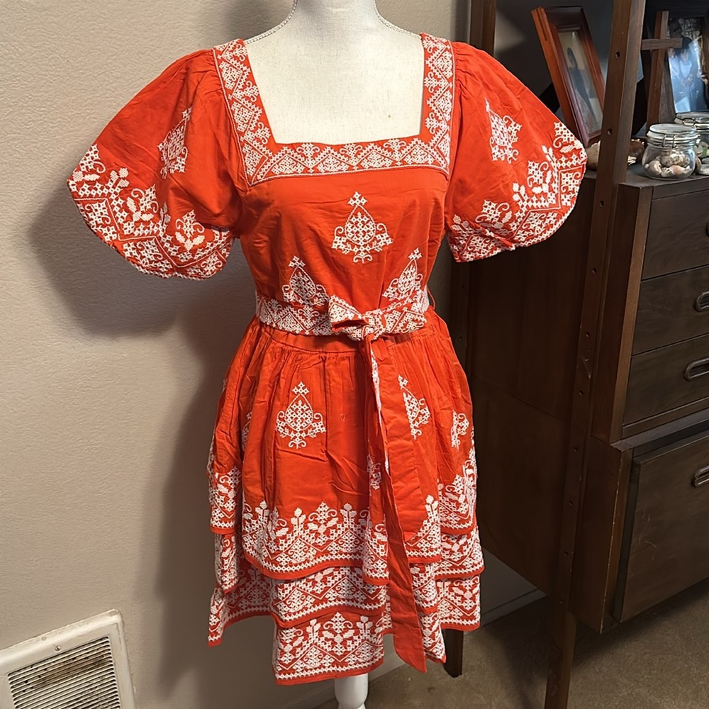 Boden Orange and White Embroidered Mini Dress